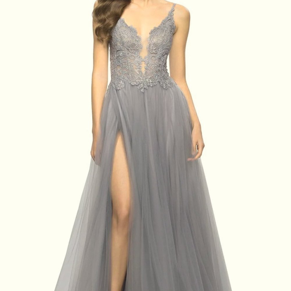La Femme Silver Floral Embroidered Illusion Plunge Tulle Ballgown